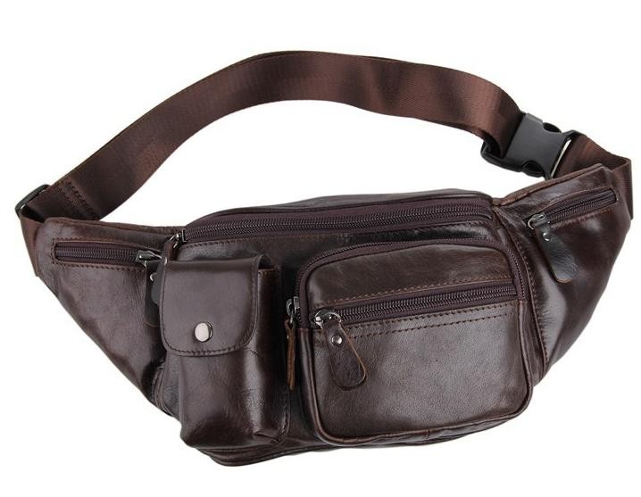 Men waist bag, coffee leather zipper pouch - BagsWish